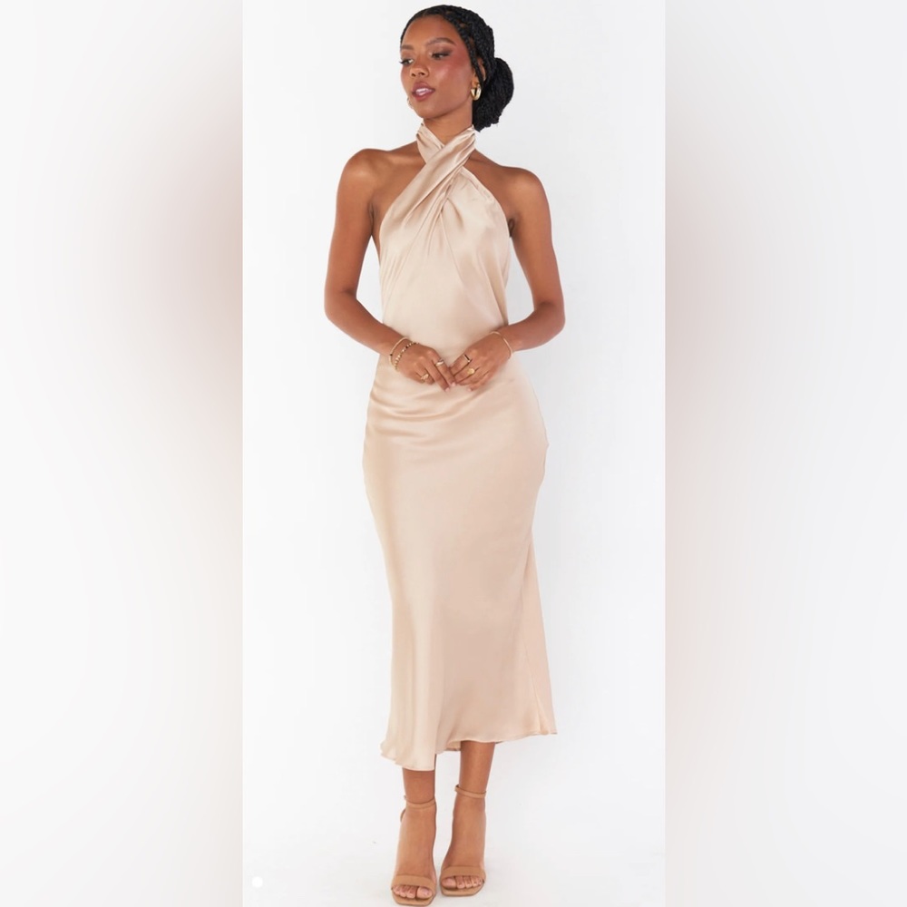 Show Me Your Mumu Jasmine Halter MIDI Champagne Luxe Satin, Size Medium